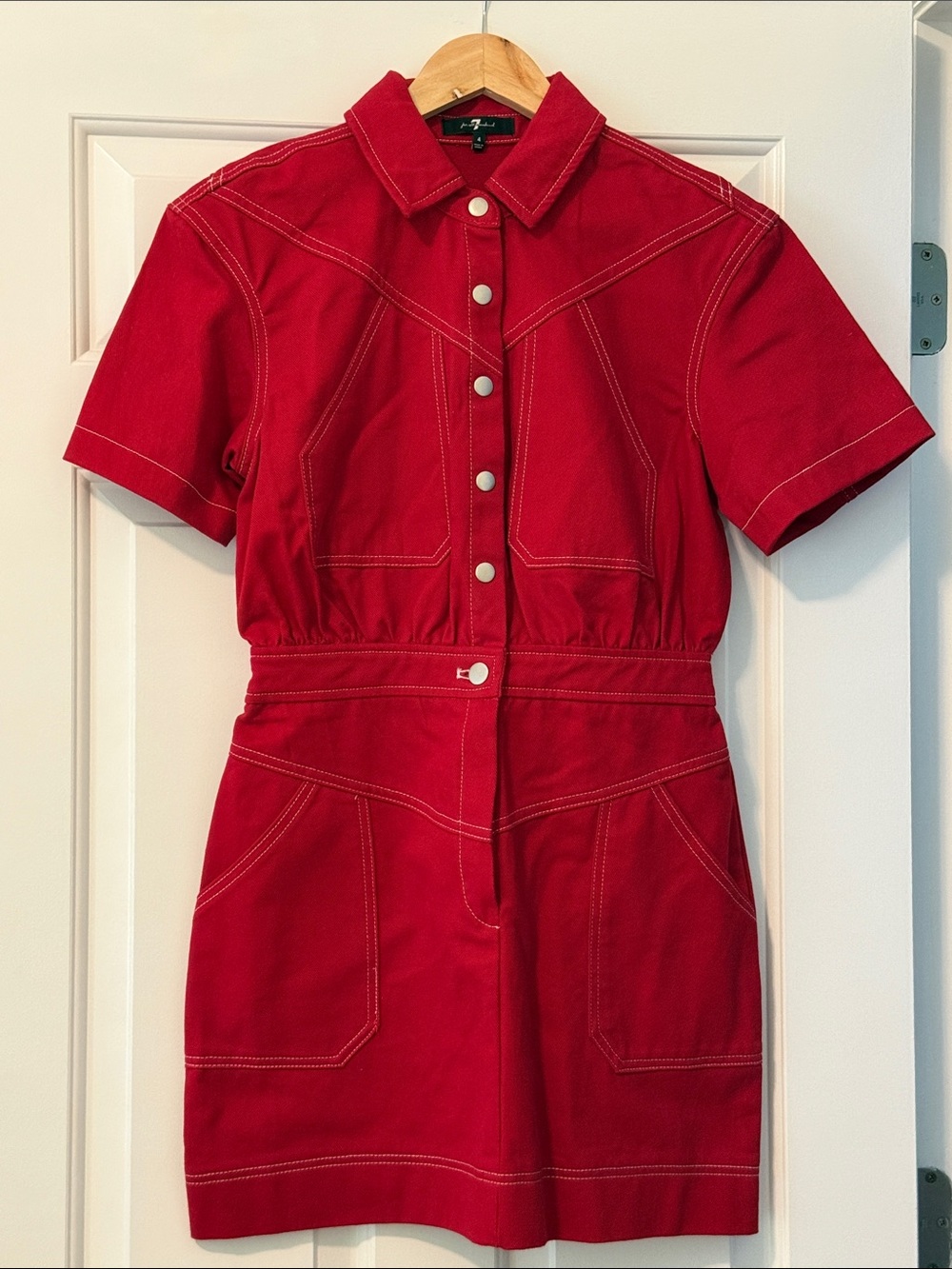 7 For All Mankind Red Short-Sleeve Button Front Dress with Contrast Stitching